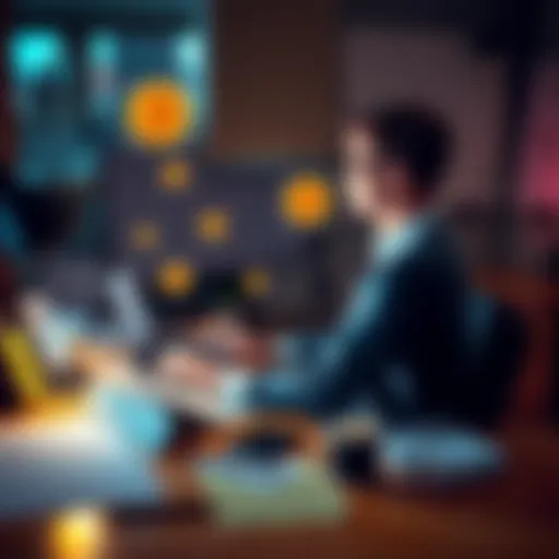 A person sitting at a desk with a laptop, brainstorming ideas for a Bitcoin sentiment website, surrounded by notes and cryptocurrency graphics.
