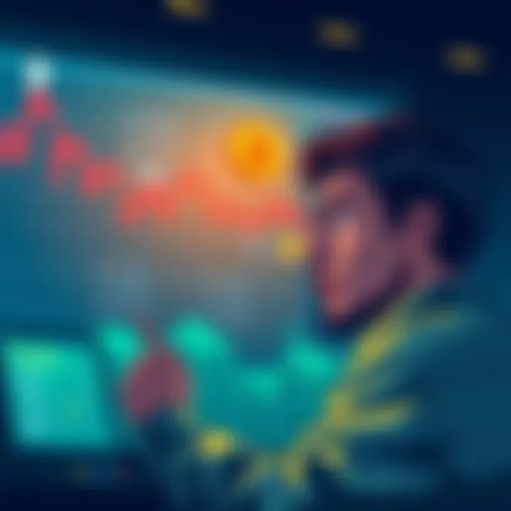 Illustration showing a bear market with Bitcoin chart going down, representing shorting investments. A person looking at charts with a worried expression.