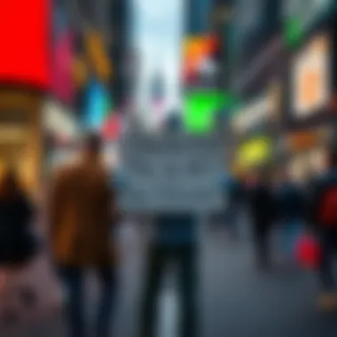 A person standing on a busy street holding a sign that says 'Stop the FED! Use Bitcoins.' with people walking by and looking on