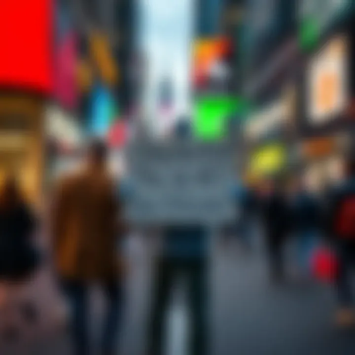 A person standing on a busy street holding a sign that says 'Stop the FED! Use Bitcoins.' with people walking by and looking on