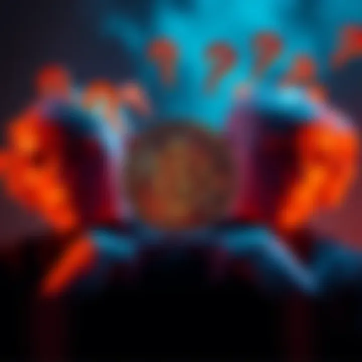 A digital depiction of Bitcoin with question marks and concerned faces surrounding it, symbolizing skepticism about its future.