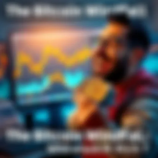 A man celebrating his Bitcoin investment success with a big smile and a stack of cash in front of a computer showing rising Bitcoin charts.