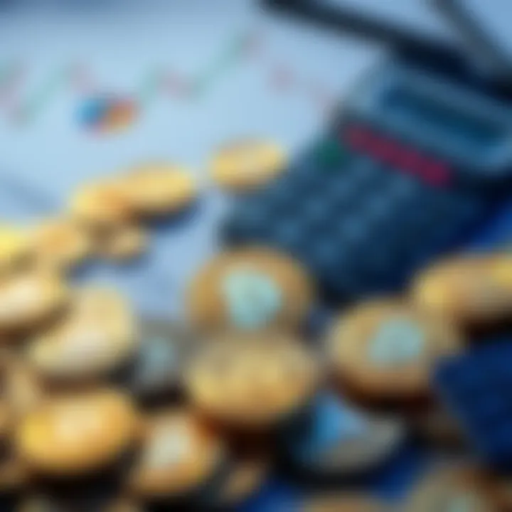A collection of Bitcoin coins spread out next to a calculator and financial graphs, illustrating the concept of Bitcoin's supply and value