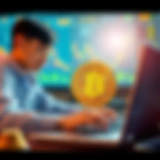 A student analyzing Bitcoin and USDT swap strategy on a laptop with charts and graphs in the background.