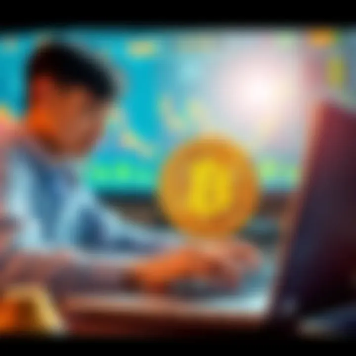 A student analyzing Bitcoin and USDT swap strategy on a laptop with charts and graphs in the background.