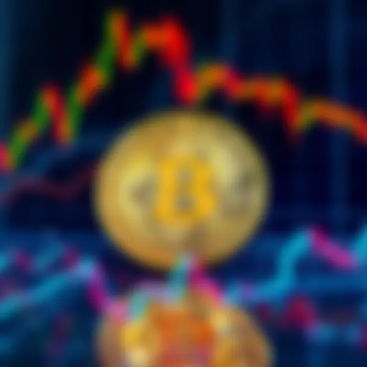 Bitcoin Symbol and Charts A Bitcoin symbol surrounded by fluctuating cryptocurrency charts showing ups and downs, representing the debate on its future.