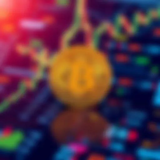 A prominent Bitcoin symbol displayed on a colorful digital background showcasing financial data and technology trends