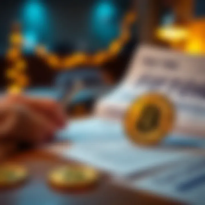 A person reviewing tax documents with a Bitcoin symbol on the table