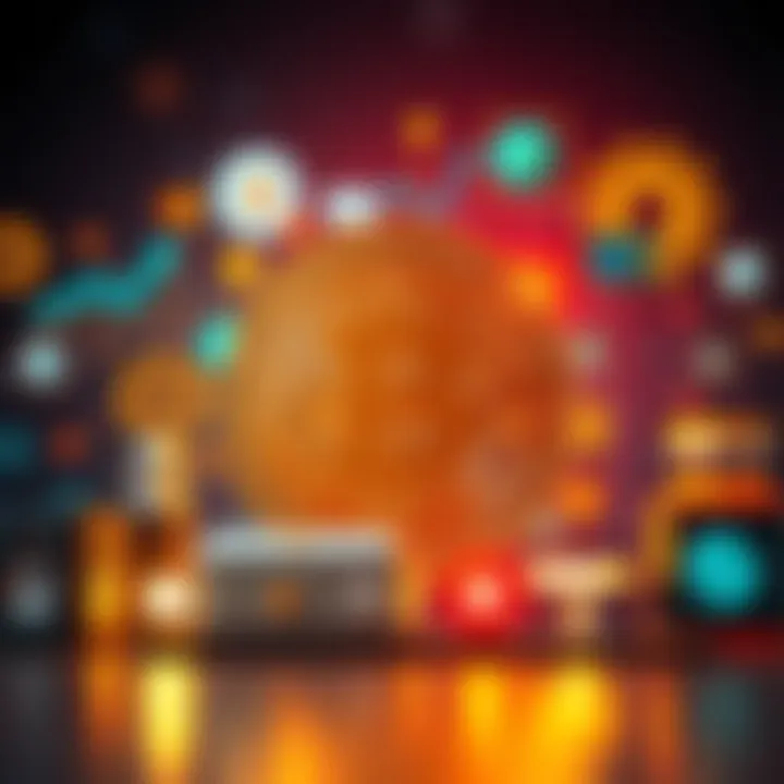A Bitcoin symbol surrounded by various modern technology icons representing innovation in the cryptocurrency space
