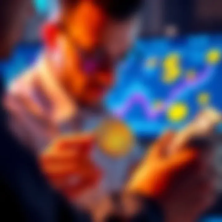 A person calculating fees while converting Bitcoin to cash, with graphs showing costs and currency symbols around them