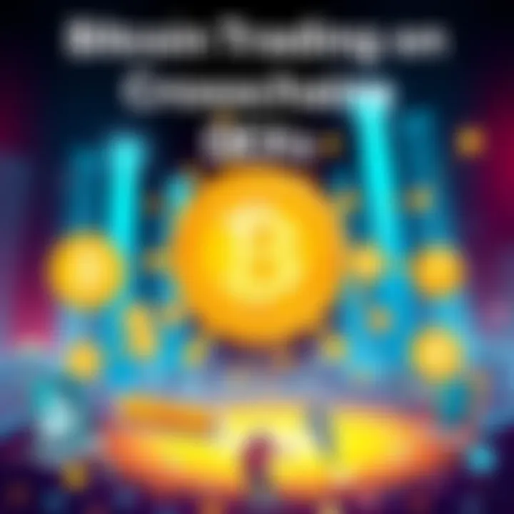 A digital illustration showing various crosschain decentralized exchanges for Bitcoin trading with graphics representing blockchain networks.