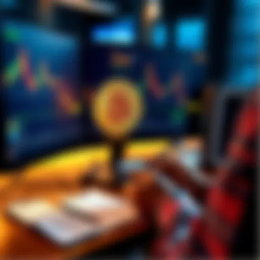A person analyzing Bitcoin prices on a computer screen while calculating investments with a calculator and notepad.