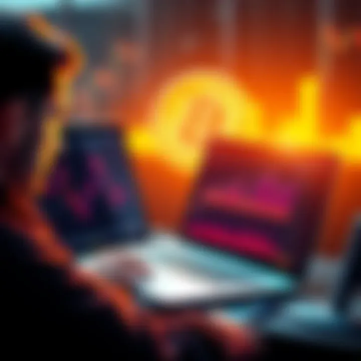 A trader analyzing Bitcoin performance on a laptop with charts showing potential gains