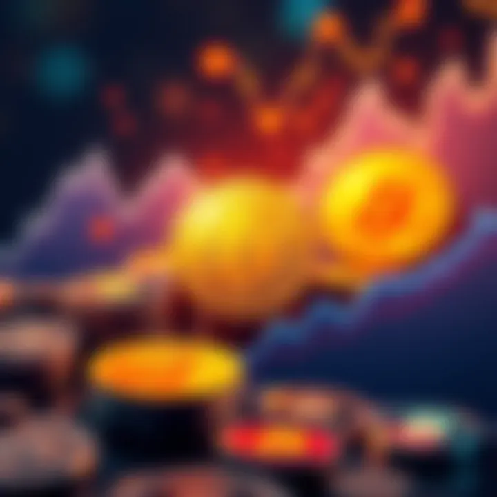 Bitcoin Transactions Update An illustration showing rising Bitcoin trends and graphs with coins in the background