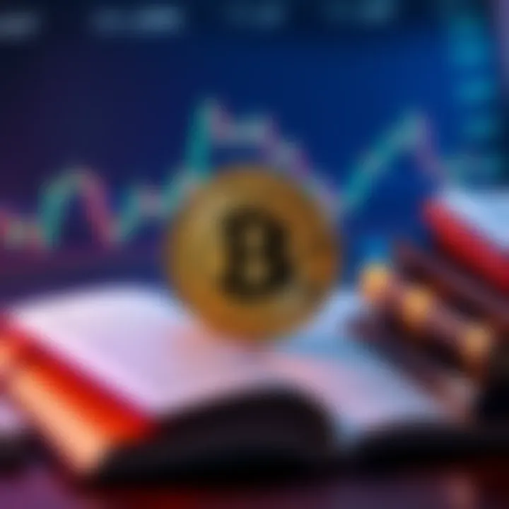 Bitcoin Trends in Financial Education A declining Bitcoin symbol overlayed on financial charts and books about money studies.
