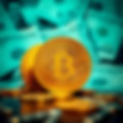 A graphic showing Bitcoin coins in front of a background representing US debt, symbolizing the idea of Bitcoin as a potential reserve currency.