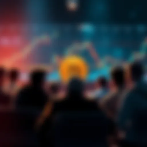 A group of people discussing Bitcoin's value with charts and graphs in the background