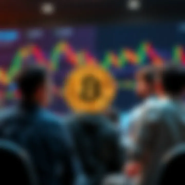 A group of people discussing Bitcoin's value with financial graphs and charts in the background.