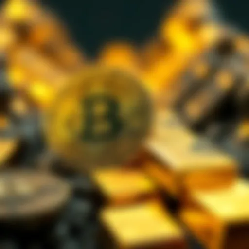 A visual comparison of Bitcoin and Gold as investment options, featuring Bitcoin symbol and gold bars or coins side by side.