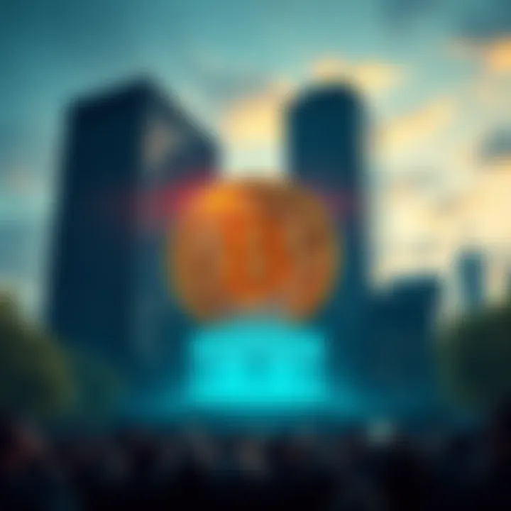A visual representation of Bitcoin being overshadowed by large financial institutions, with Bitcoin logo in the foreground and corporate buildings in the background