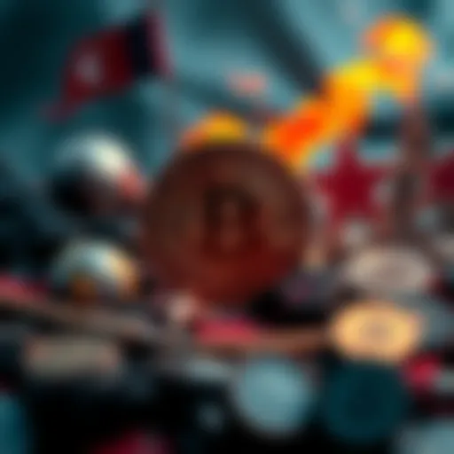 A visual representation of Bitcoin surrounded by symbols of conflict and stability, such as a globe and currency signs.