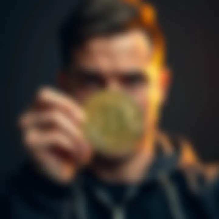 A person holding a Bitcoin coin with a concerned expression, showing uncertainty about its value.