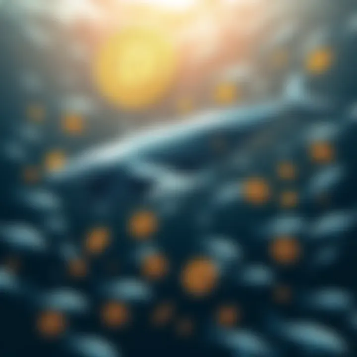 A graphic showing a large whale swimming among smaller fish representing Bitcoin holders, illustrating the influence of major investors on the market.