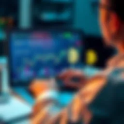 A person looking at cryptocurrency charts on a laptop with symbols for USDT and BTC in view, representing investment growth.