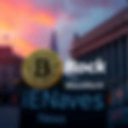 BlackRock logo next to Bitcoin symbol and the London Stock Exchange building