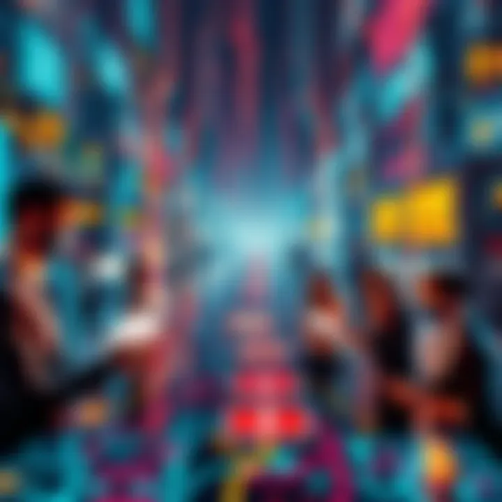 A visual representation showing blockchain technology intertwined with human interactions, depicting people engaging with digital transactions.