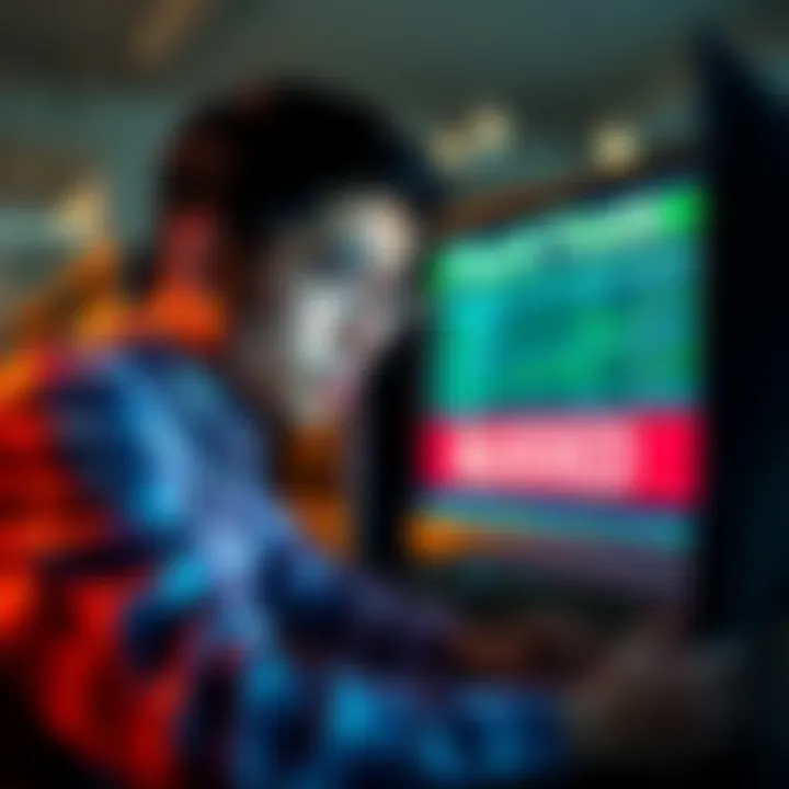 A worried fintech employee looks at a computer screen showing blocked transactions, symbolizing payroll issues.