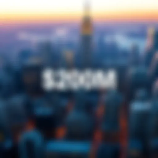 A digital representation of a city skyline with buildings symbolizing tokenized real estate and a $200 million milestone graphic.