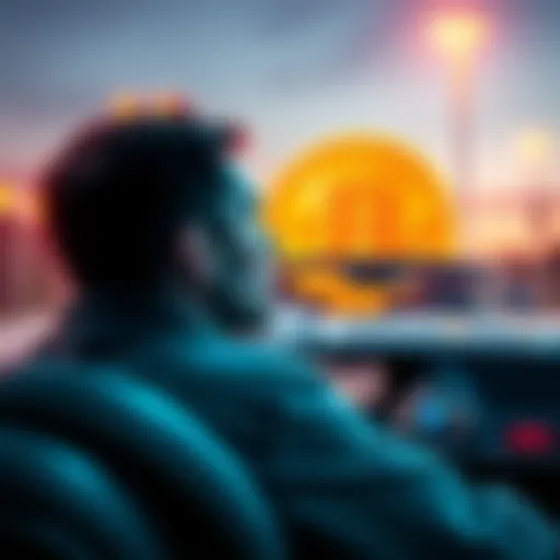 BMW and Bitcoin investment A person contemplating selling their BMW to invest in Bitcoin, with a graphic of Bitcoin currency in the background.