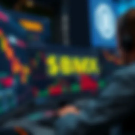 A trader analyzing cryptocurrency charts on a screen with the $BMX logo in the background, showing rising trends.
