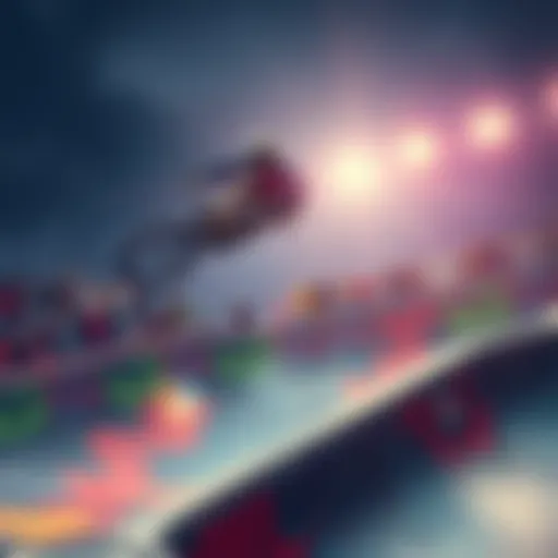 A BMX rider mid-air, showcasing an impressive trick above a colorful skatepark ramp with cheering crowd in the background.