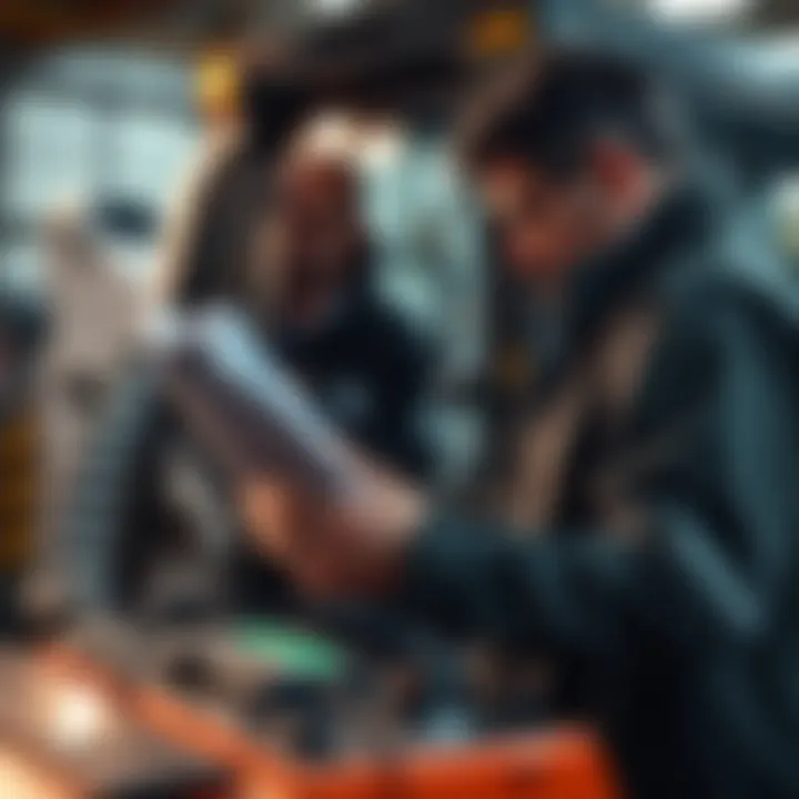A person inspecting a Bobcat 300 machine while looking at a manual for troubleshooting tips