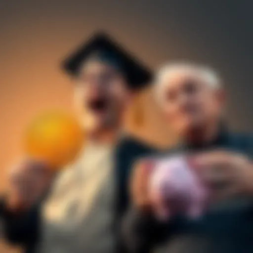 A college graduate excitedly shows a Bitcoin logo while a retiree looks worried with a piggy bank, symbolizing risky investments in cryptocurrency.