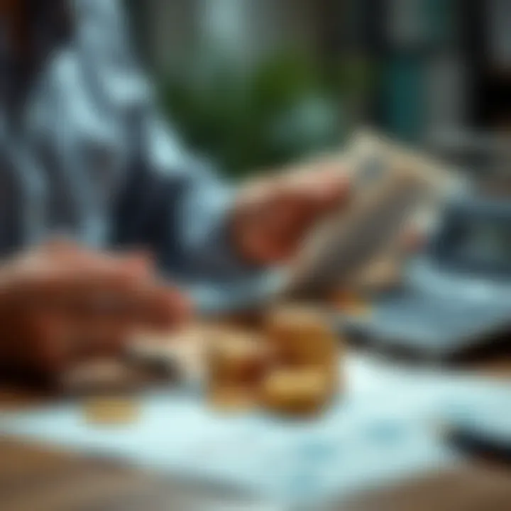 A person weighing options with a calculator, crypto coins, and a loan document on the table
