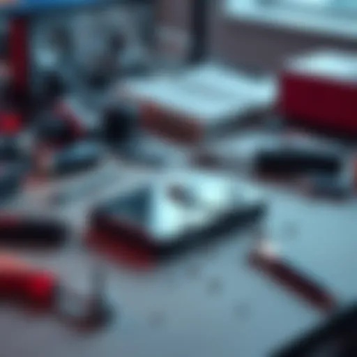 A broken Ledger Nano S crypto wallet on a cluttered desk with tools and warranty documents nearby