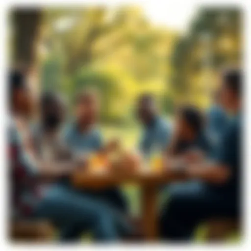 A diverse group of men laughing and bonding during a picnic in the park, showcasing friendship and unity.