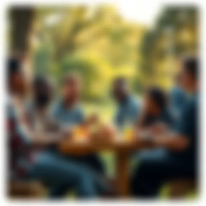 A diverse group of men laughing and bonding during a picnic in the park, showcasing friendship and unity.