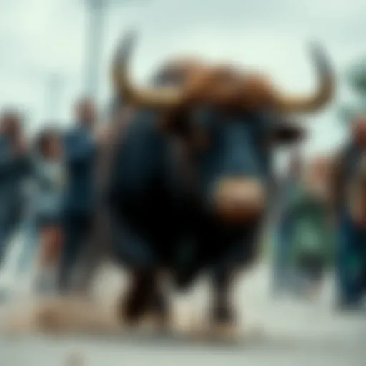 A group of diverse investors confidently holding onto their crypto assets as a bull charges forward, symbolizing market strength and resilience.