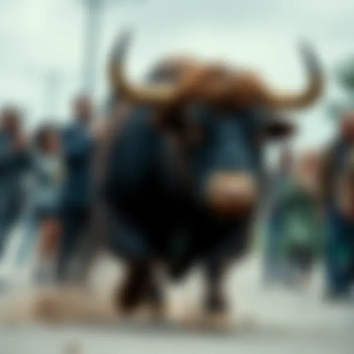 A group of diverse investors confidently holding onto their crypto assets as a bull charges forward, symbolizing market strength and resilience.
