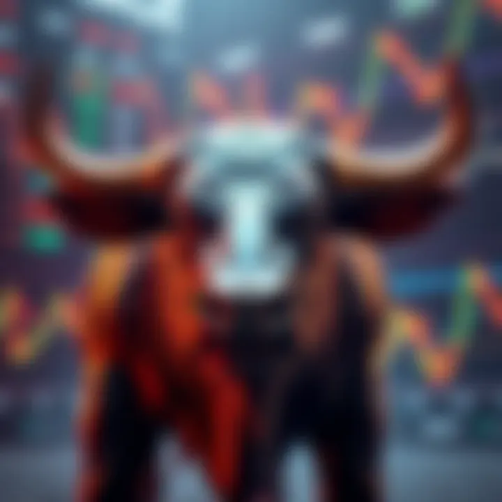 A bull symbolizing a strong market surge, with a background of rising stock charts and a liquidated short position indicator.