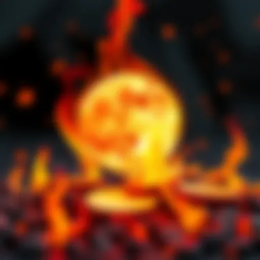 Visual representation of burning MOON tokens with flames, illustrating the decreasing supply in cryptocurrency.
