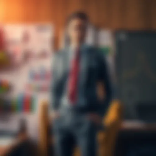 A person wearing a sharp business outfit stands confidently with investment materials like charts and a laptop in the background.