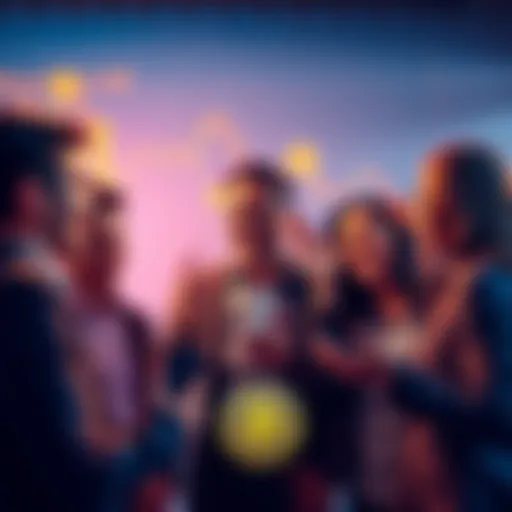 A group of people discussing Buttcoin with enthusiasm, using hand gestures and smiling, surrounded by charts and crypto symbols.