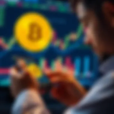Buying Bitcoin A person examining Bitcoin prices on their smartphone while planning a large investment, with a focus on graphs and charts in the background.