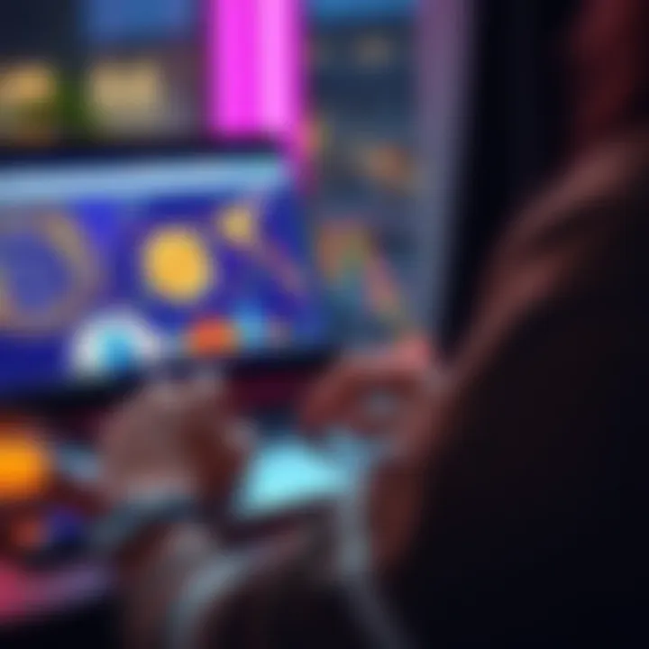 A person using a laptop to purchase cryptocurrencies with images of popular coins like Bitcoin and Ethereum on the screen