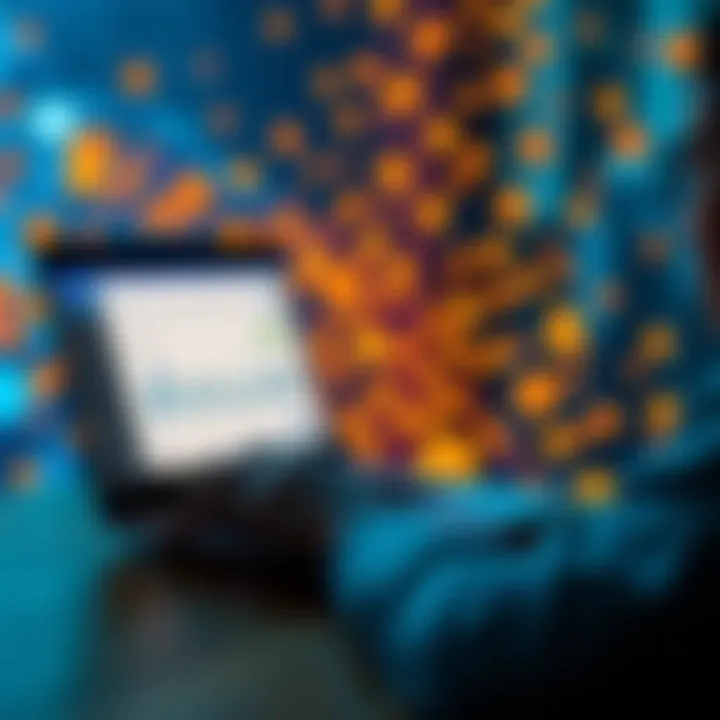 Buying Cryptocurrency on Coinbase A person using a laptop to buy cryptocurrencies on Coinbase, with digital currency icons in the background